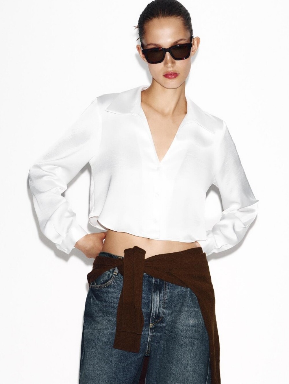 ZARA Cropped Satin Effect Shirt -White- Size Small